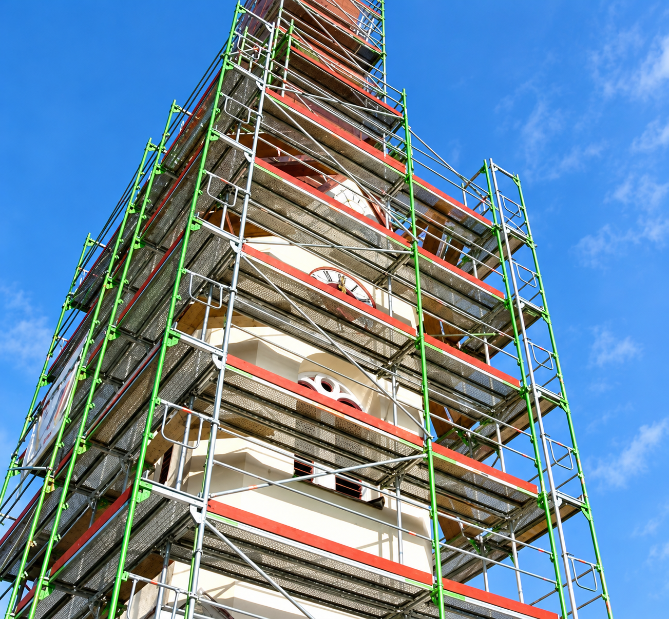 Kirchturm im Gerüst vor blauem Himmel
